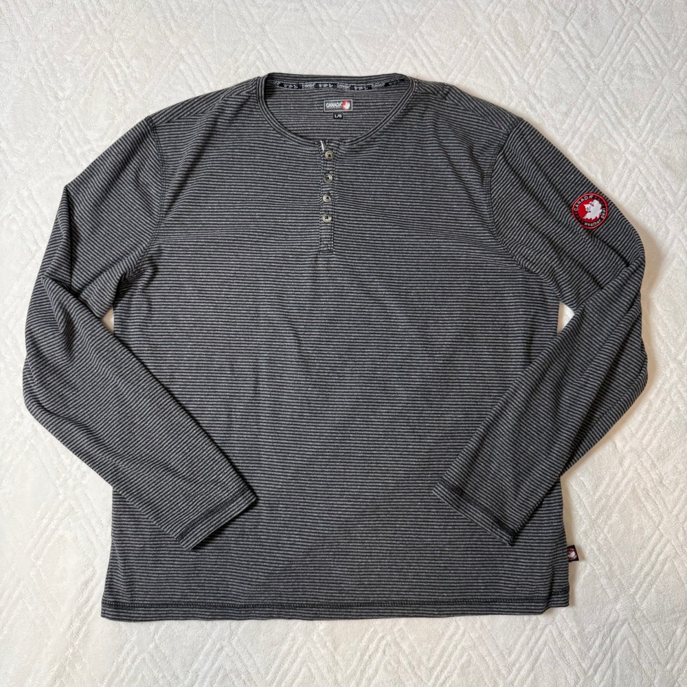 Rugged Outdoor Canada Weather Gear Gray Striped Thermal Henley Shirt Men's L
